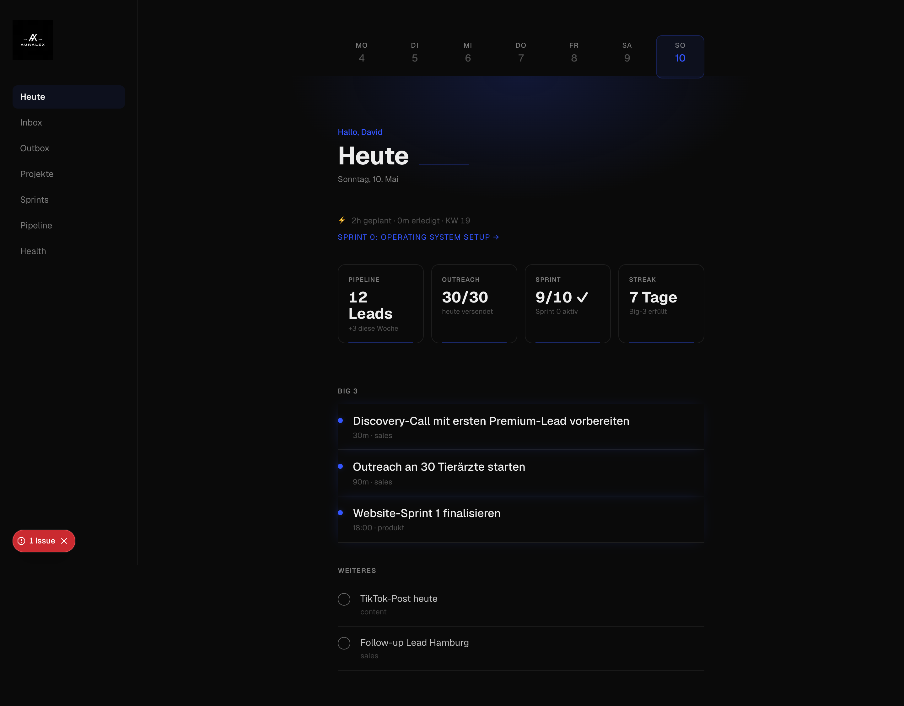 Auralex Core (Beta): Heute-Ansicht mit Tagesplan und Big 3.