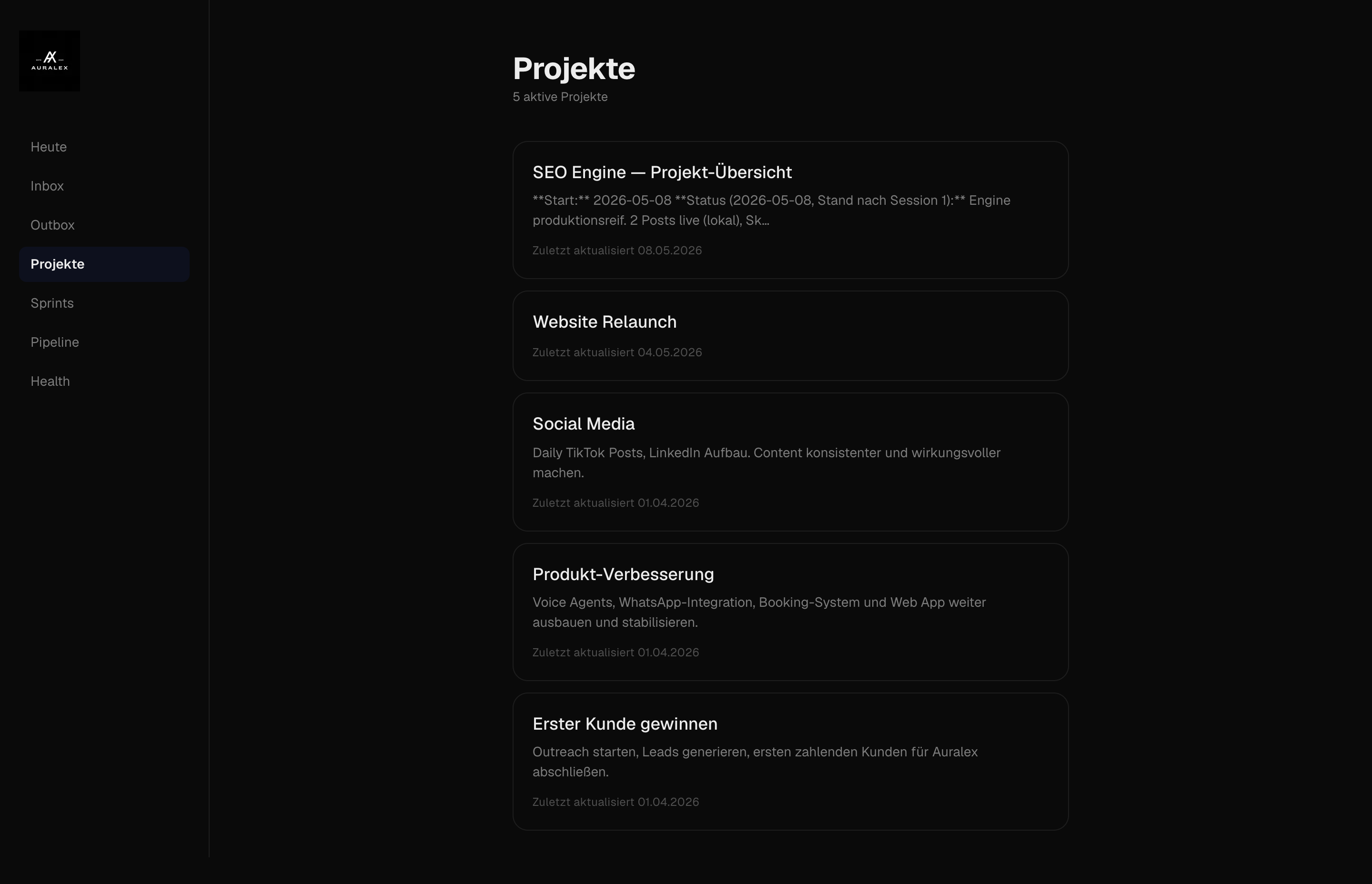Auralex Core (Beta): Projekte-Übersicht mit fünf aktiven Projekten.