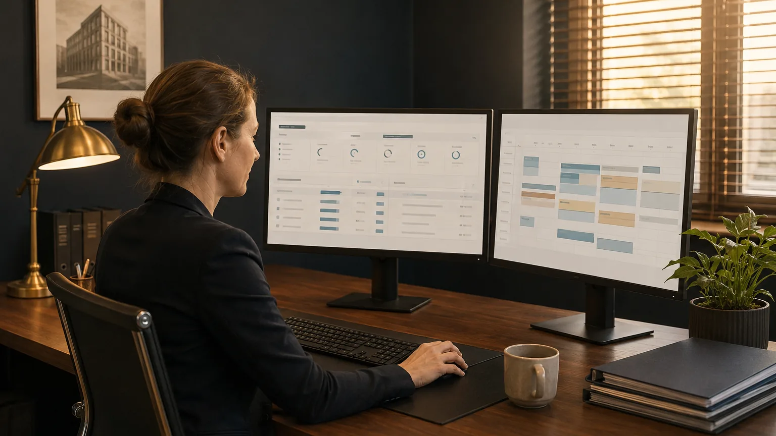 Backoffice: Praxismanagerin vor Doppelmonitor mit Custom App und Kalender.