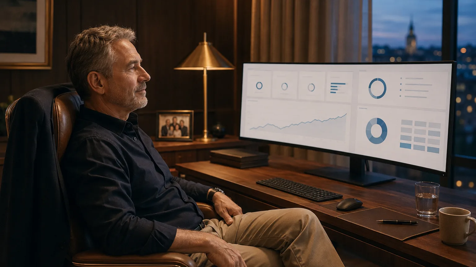 Leitungsbüro: Inhaber blickt auf Wide-Monitor mit Performance-Dashboard.